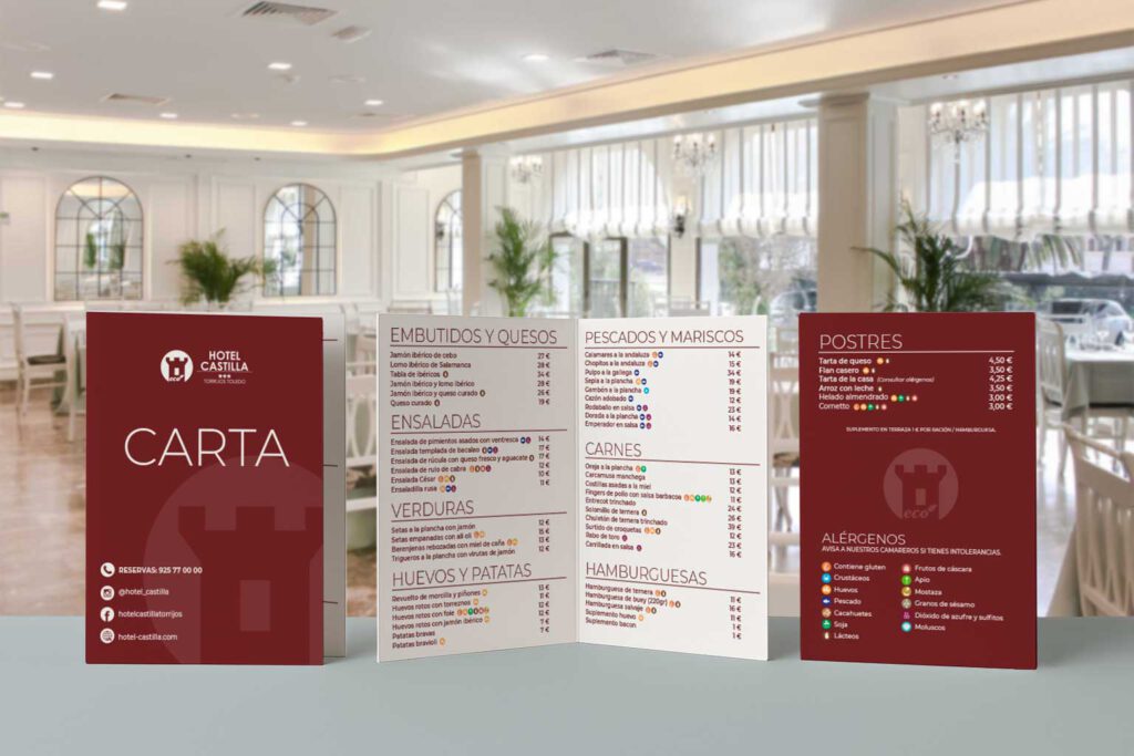 Diseño de cartas y menús - Hotel Castilla
